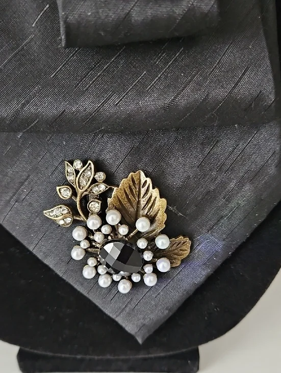 Black Upcycled Necktie Necklace with a Black Rose and Pearls - Picture 5 of 6